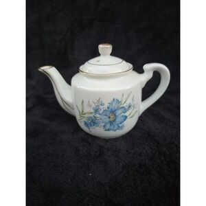 Vintage Ceramic Teapot Blue Flowers Gold Gilt Trim Cottage Style